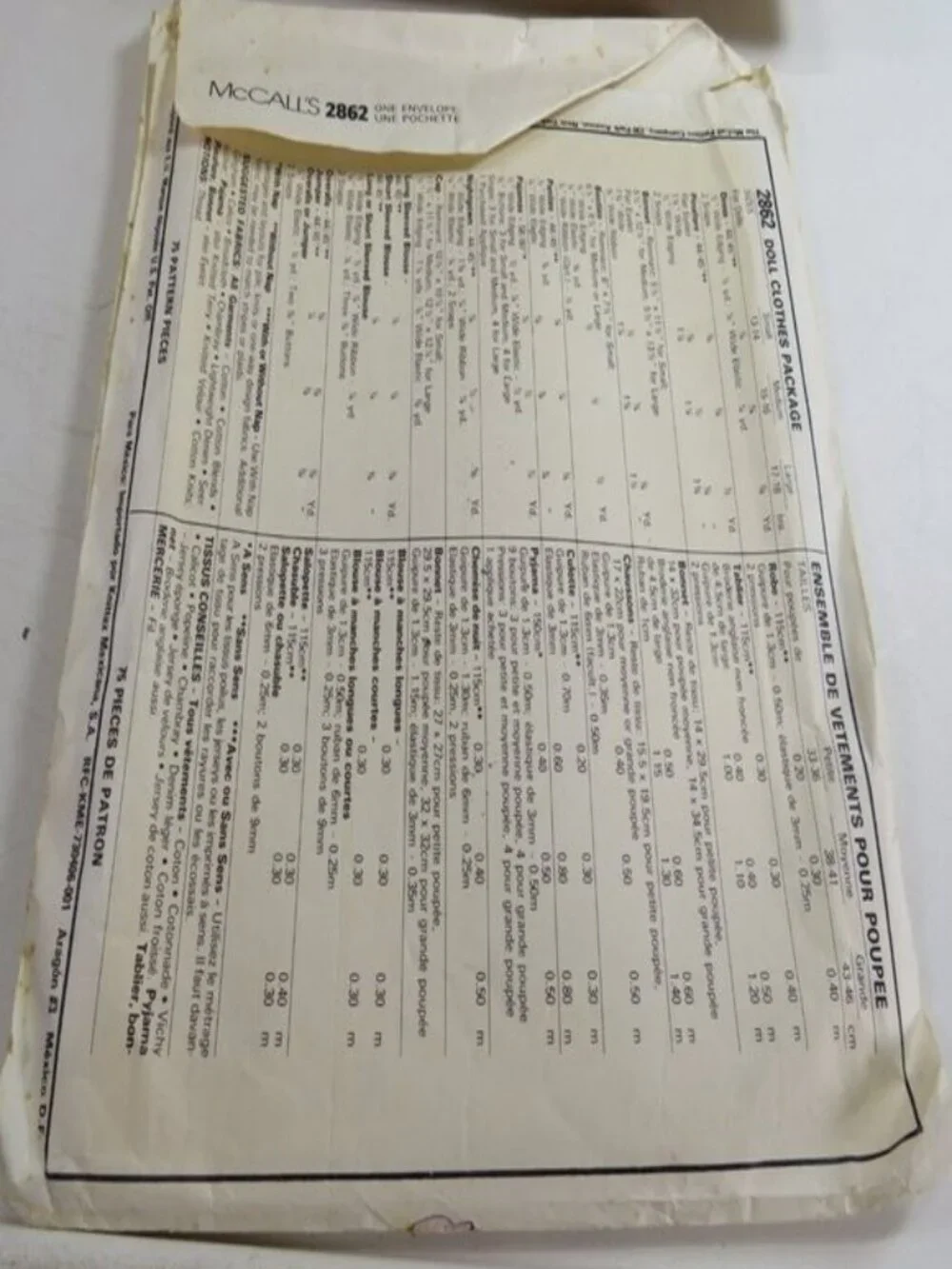 McCalls 2862 -841 DOLL CLOTHES Sewing Pattern (complete)